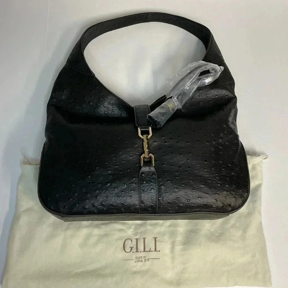 G.I.L.I. Handbags - GILI Ostrich Leather Hobo Bag Stirrup Black NWOT Dust bag Shoulder Purse Handbag